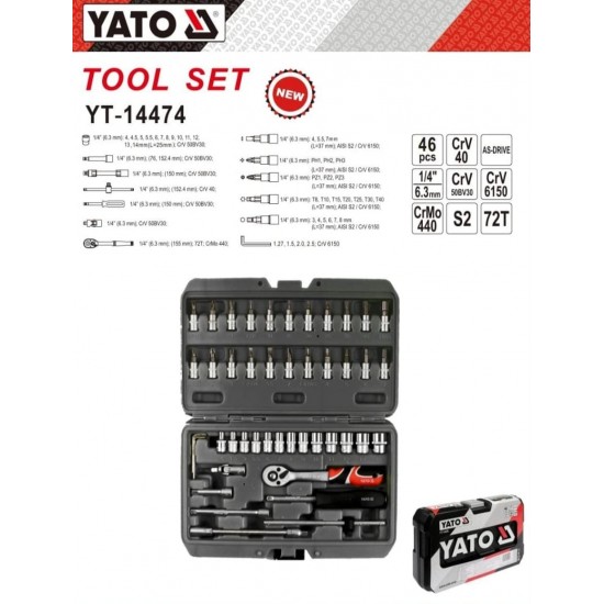 Yato  46 pc 1/4" Sq. Drive Socket Set